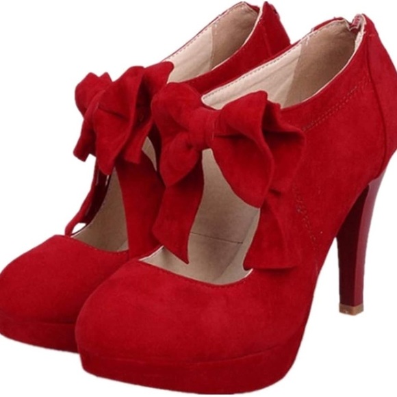 Vintage Shoes - Classic Vintage Style Platform High Heel Small Bow Velvet Dress Pumps 9.5